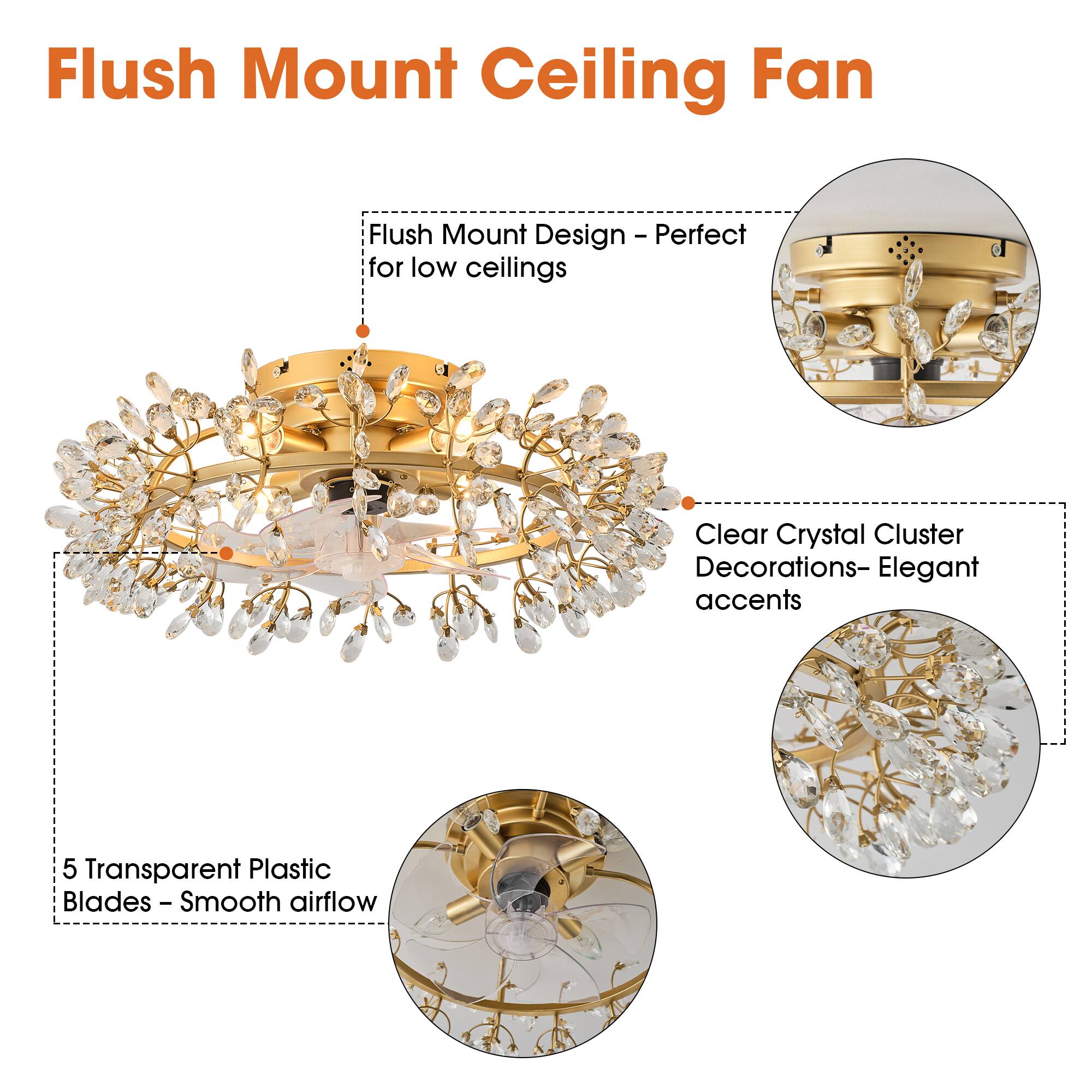Flush Mount Ceiling Fan

- Flush Mount Design - Perfect for low ceilings
- Clear Crystal Cluster Decorations - Elegant accents
- 5 Transparent Plastic Blades - Smooth airflow