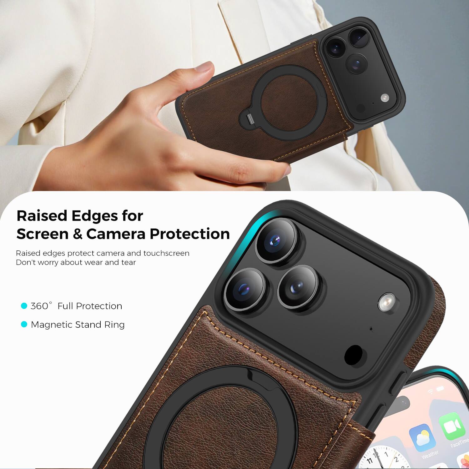 Raised Edges for Screen & Camera Protection  
Raised edges protect camera and touchscreen  
Don't worry about wear and tear  

360° Full Protection  
Magnetic Stand Ring