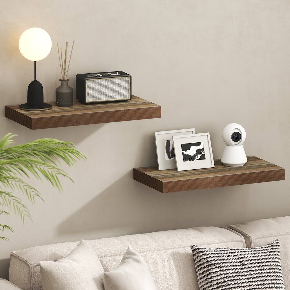 Angle. Furinno - TANNA Floating Shelves for Wall, 12 x 24 Wall Shelf, Thick Shelf Wall Mounted Floating Shelf with Invisible Brackets - Retro Brown.