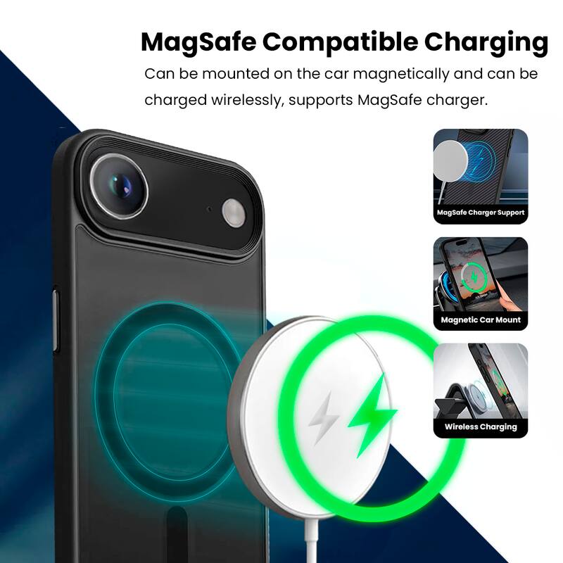 MagSafe Compatible Charging  
Can be mounted on the car magnetically and can be charged wirelessly, supports MagSafe charger.  

- MagSafe Charger Support  
- Magnetic Car Mount  
- Wireless Charging