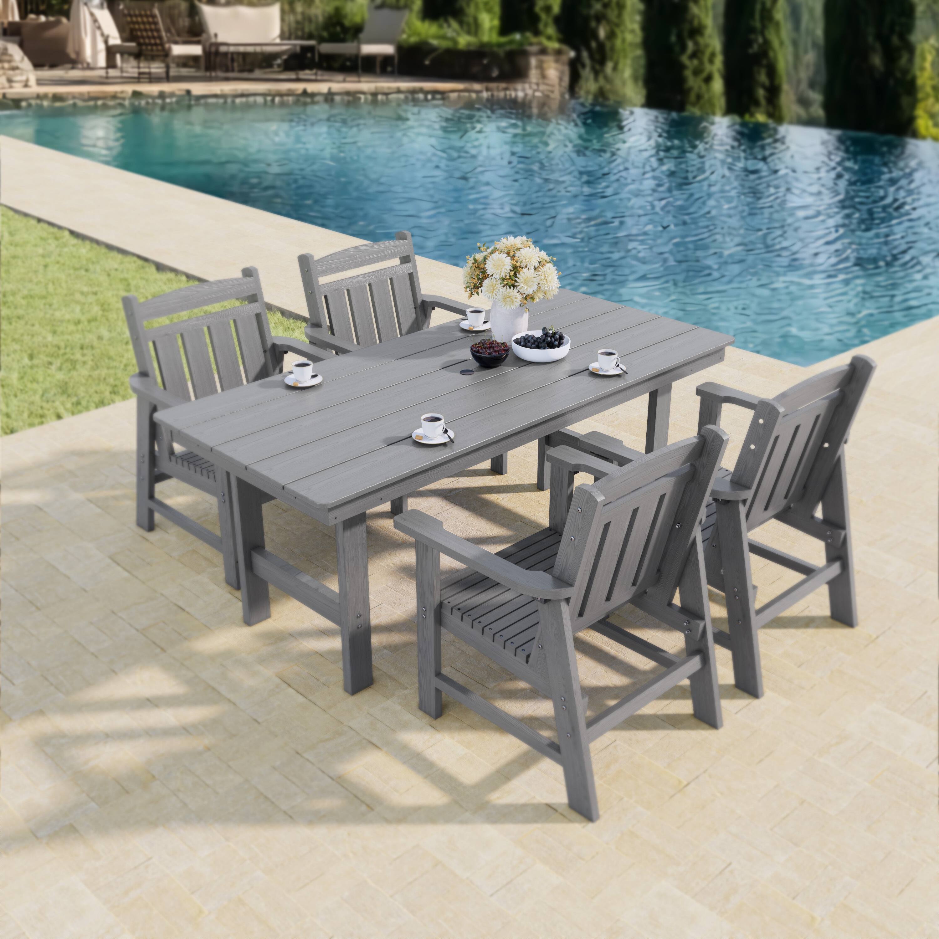 Front. Fortune Candy - Modern HDPE Patio Dining Set, 5-Piece Poly Lumber Table & Chairs with Umbrella Hole, Weather-Resistant for Yard & Lawn - Gray.