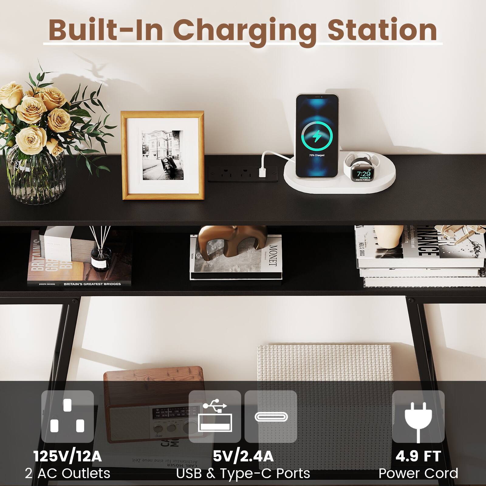 Built-In Charging Station

- 125V/12A
- 2 AC Outlets
- 5V/2.4A
- USB & Type-C Ports
- 4.9 FT Power Cord