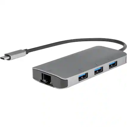 Front. Rocstor - Rocstor Premium USB-C Hub with USB-A, Gigabit Ethernet & USB-C 100W PD - USB 3.0 Type C - External - 4 USB Port(s) - 1 N - Gray Aluminum.