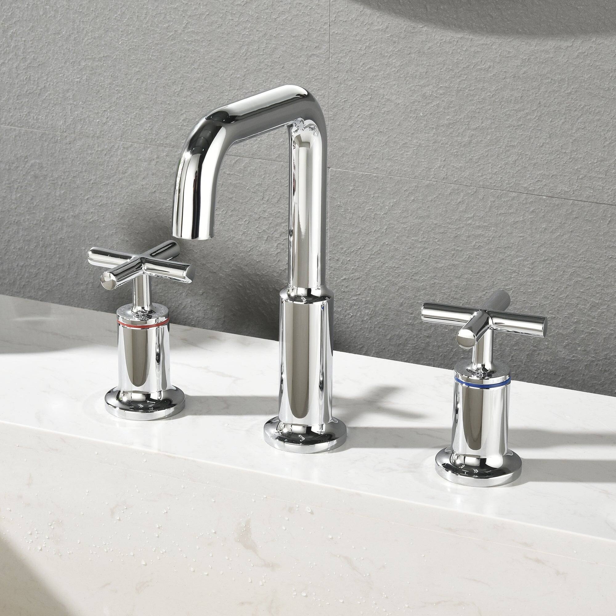 Back. Boyel Living - Brass 8 Inch Widespread Double Handle Bathroom Faucet with Water Supply Hoses and Quick Connected Hose in Chrome - Chrome.