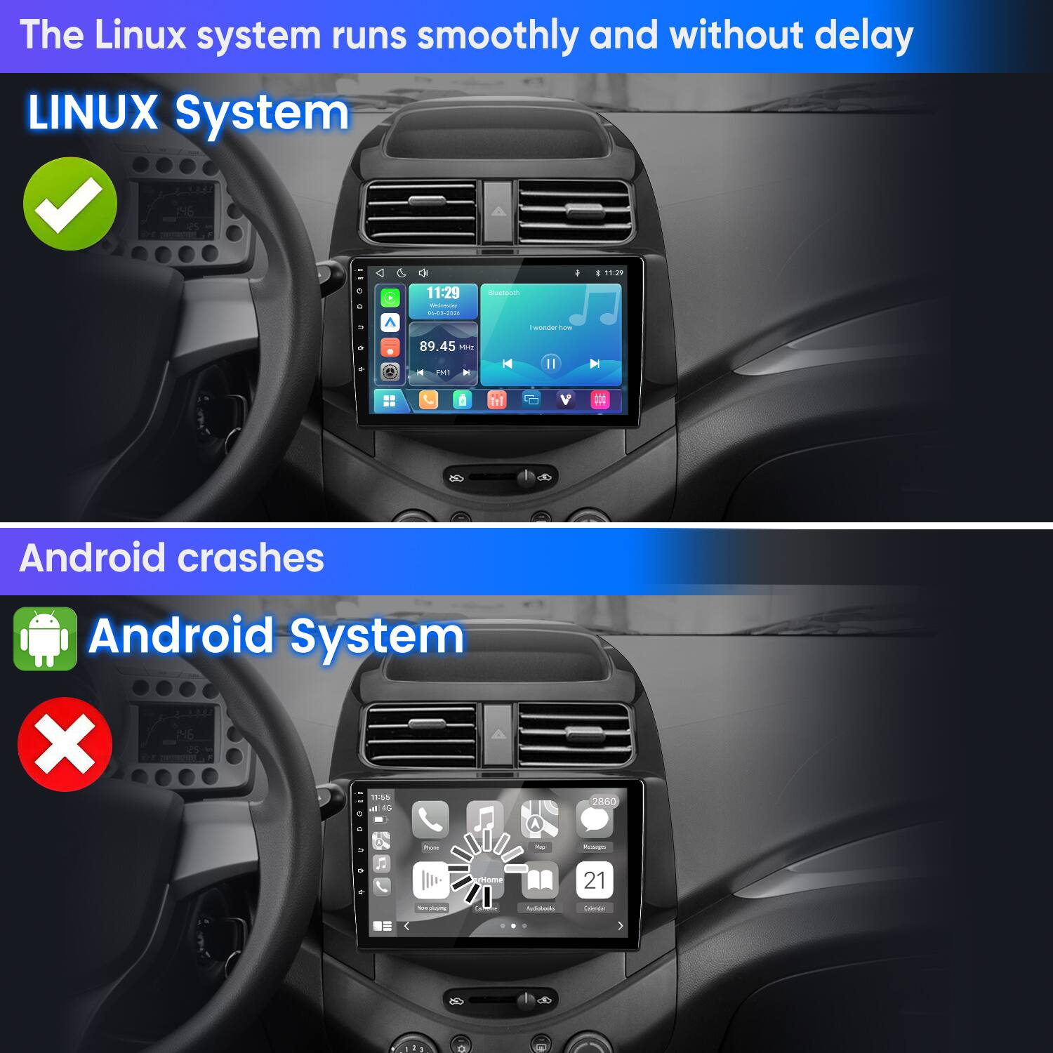 The Linux system runs smoothly and without delay  
LINUX System

Android crashes  
Android System