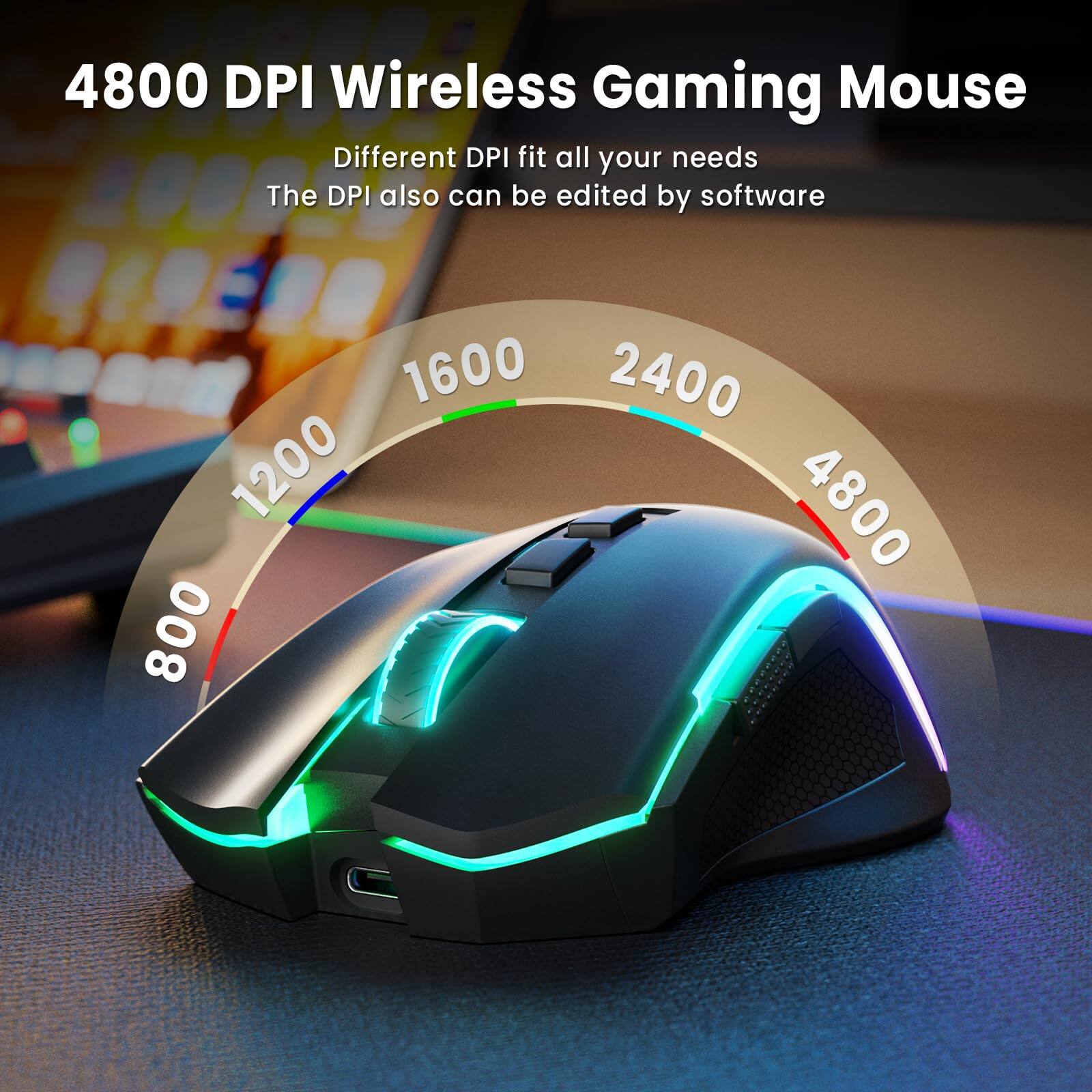 4800 DPI Wireless Gaming Mouse

Different DPI fit all your needs
The DPI also can be edited by software

800 1200 1600 2400 4800