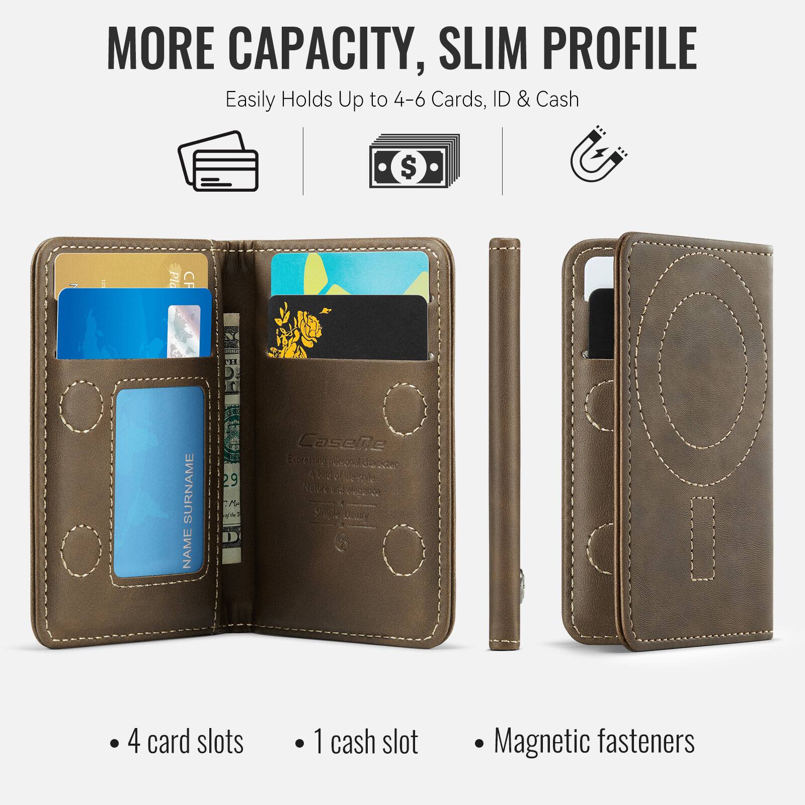 MORE CAPACITY, SLIM PROFILE  
Easily Holds Up to 4-6 Cards, ID & Cash  

- 4 card slots  
- 1 cash slot  
- Magnetic fasteners