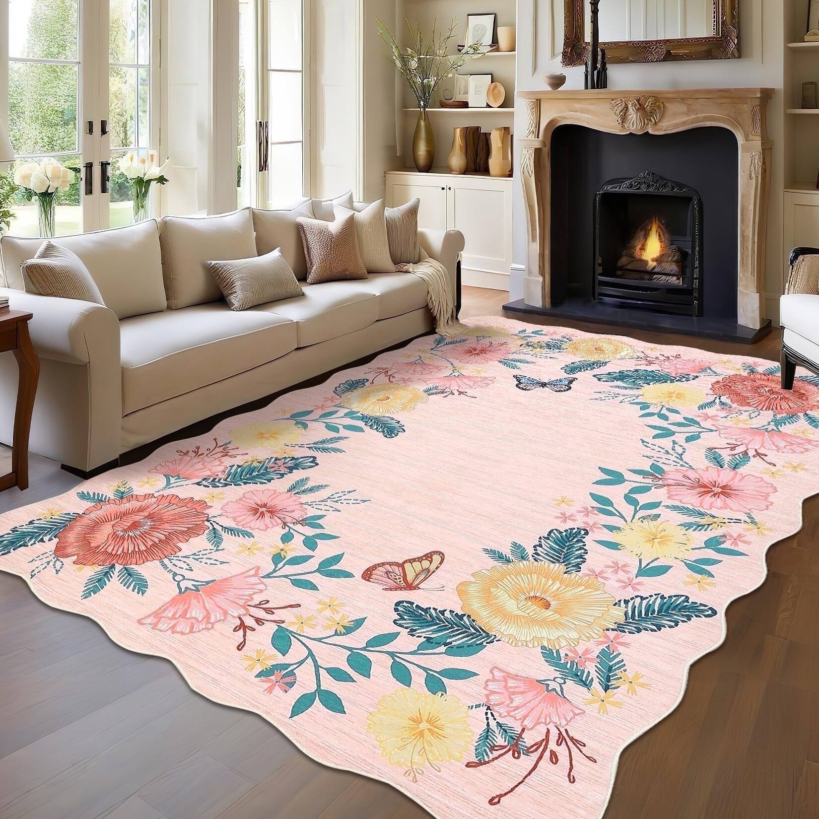 Front. Homhougo - 9x12 Floral Boho Rug, Washable, Soft, Non-Slip, Pink - Pink.