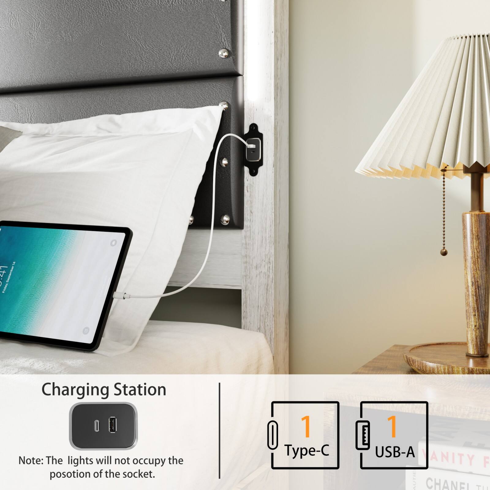 Charging Station

Note: The lights will not occupy the position of the socket.

1 Type-C  
1 USB-A