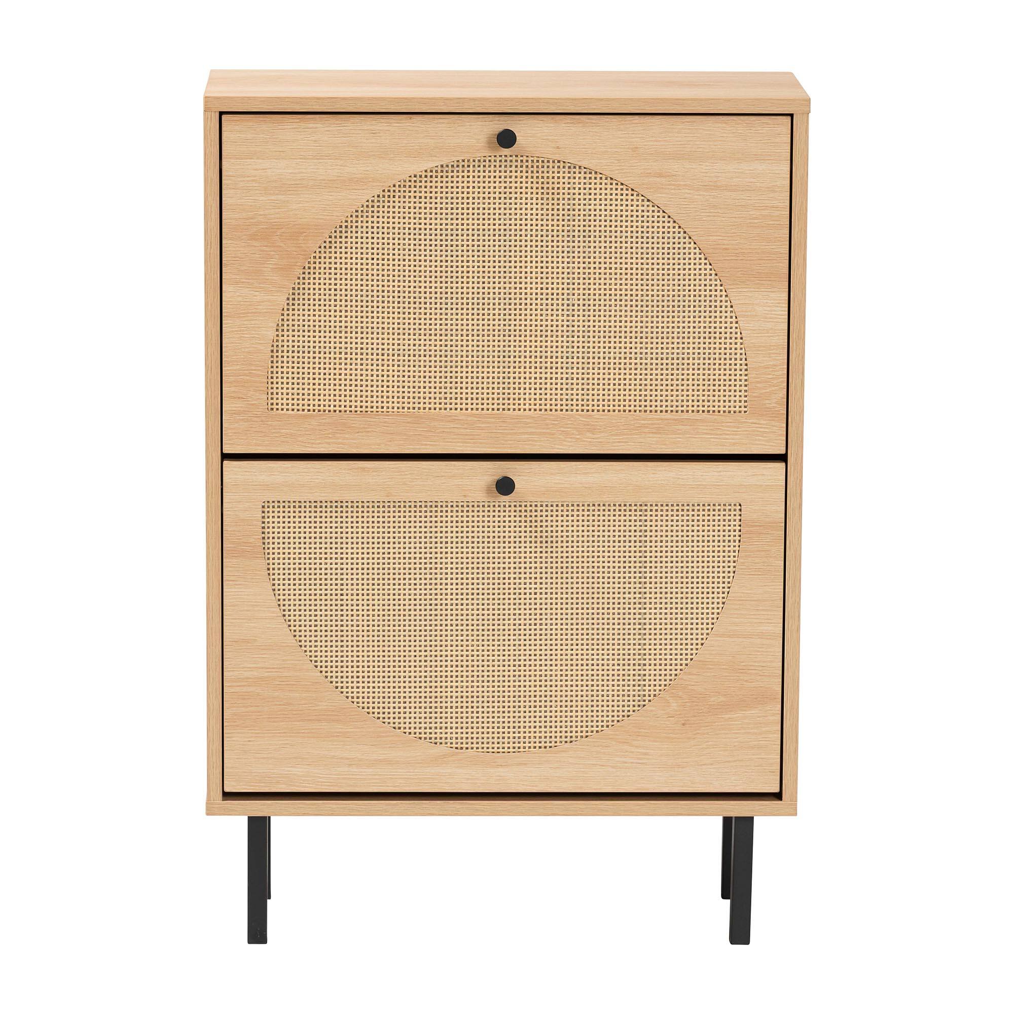 Left. Baxton Studio - Remus Wood Shoe Cabinet - 12-Pair Shoe Storage Organizer with 2 Flip Doors, Compact Hallway or Entryway Furniture - Light Oak/Black.