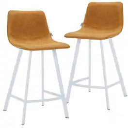 LeisureMod - Elland 24-Inch Counter Stool with White Base, Modern Upholstered Leather Counter Height Barstool Set of 2 - Light Brown