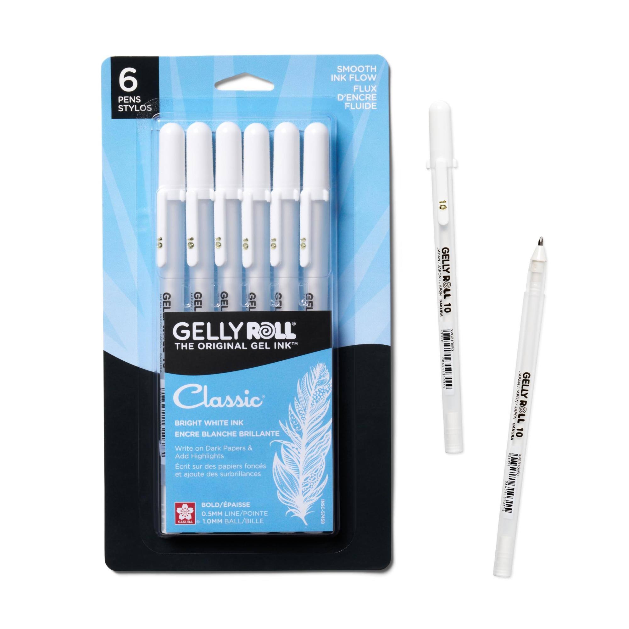 6 PENS STYLOS  
SMOOTH INK FLOW FLUX D'ENCRE FLUIDE  
GEL GEL GELLY ROLL' THE ORIGINAL GEL INK Classic BRIGHT WHITE INK ENCRE BLANCHE BRILLANTE  
Write on Dark Papers & Add Highlights crit sur des papiers foncés et ajoute des surbrillances  
BOLD/PAISSE 0.5MM LINE/POINTE LUKURA 1.0MM BALL/BILLE  
NSC-57458  
THE GELLY ROLL STORY 10  
JAPAN JAPON GELLY ROLL SAMIRA 10