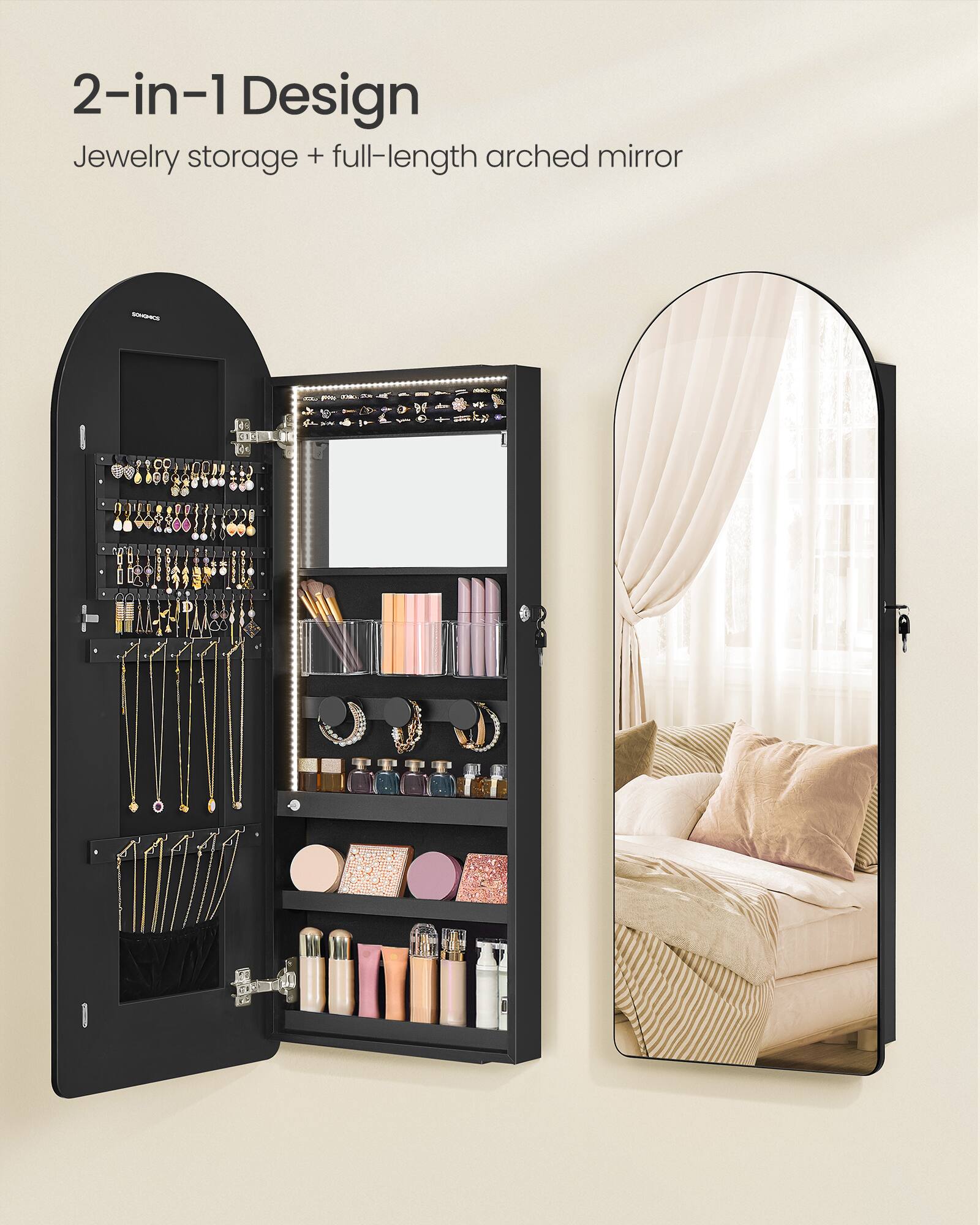 2-in-1 Design  
Jewelry storage + full-length arched mirror