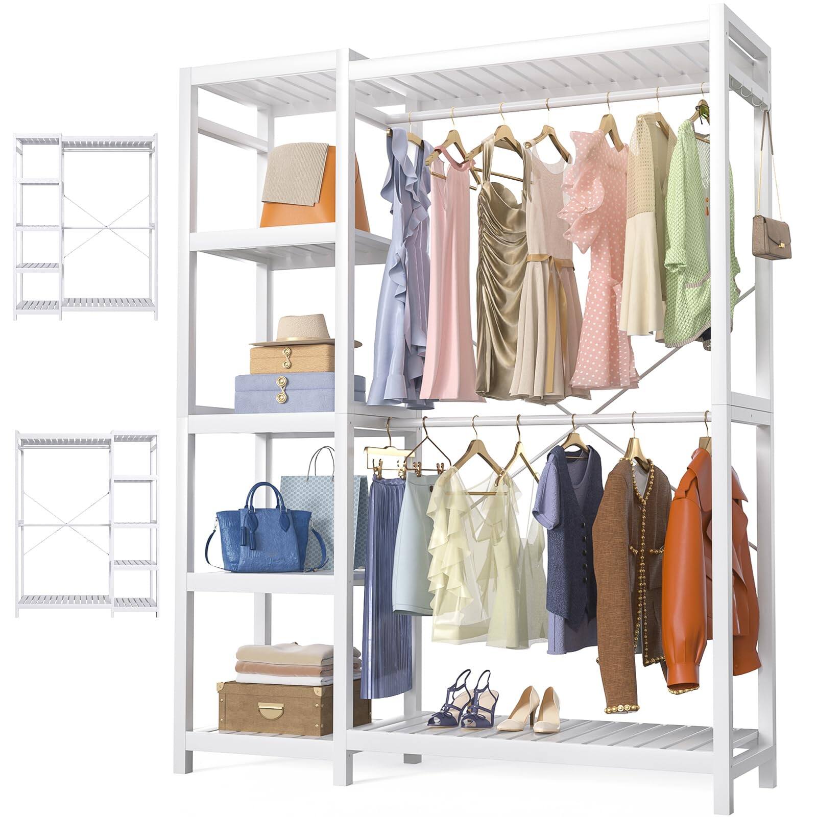 Left. Aheaplus - Heavy Duty Bamboo Garment Rack: Double Rods, 7 Adjustable Shelves, 4 Hooks - Freestanding Closet Organizer - White.