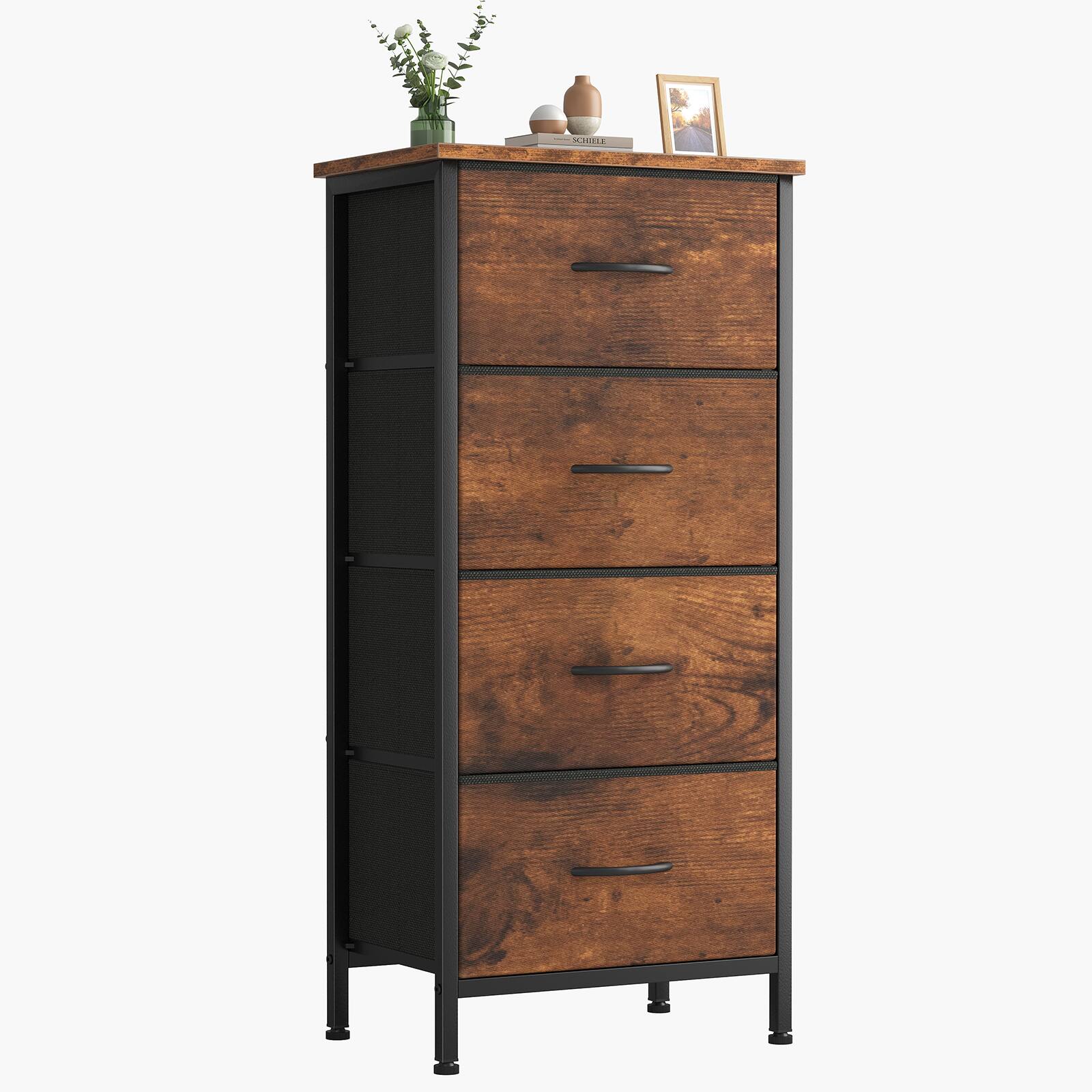 Front. Sweetcrispy - 4-Drawer Fabric Dresser with Metal Frame, Storage Organizer, Chest of Drawers with Wood Top for Bedroom Living Room - Rustic Brown.