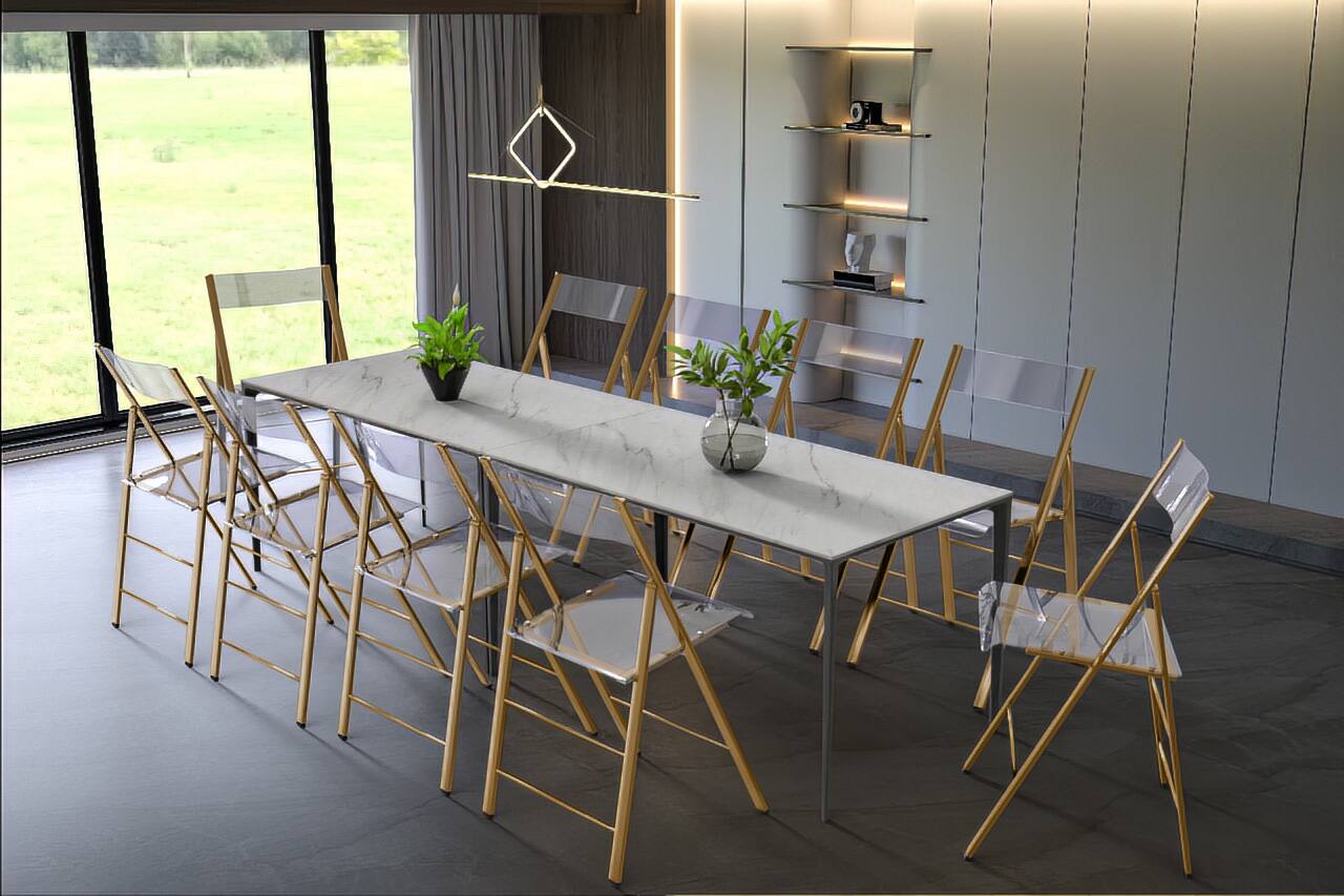 Back. LeisureMod - Menno Brushed Gold Acrylic Folding Dining Chair with Waterfall Seat & Stainless Steel Frame - Single.
