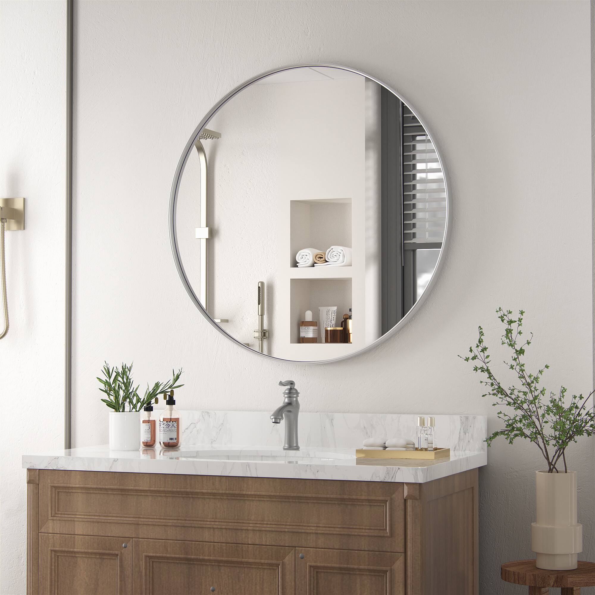 Left. PAIHOME - 36 Inch Round Bathroom Mirror, Metal Frame Circle Vanity Mirror for Bedroom, Living Room - Silver.