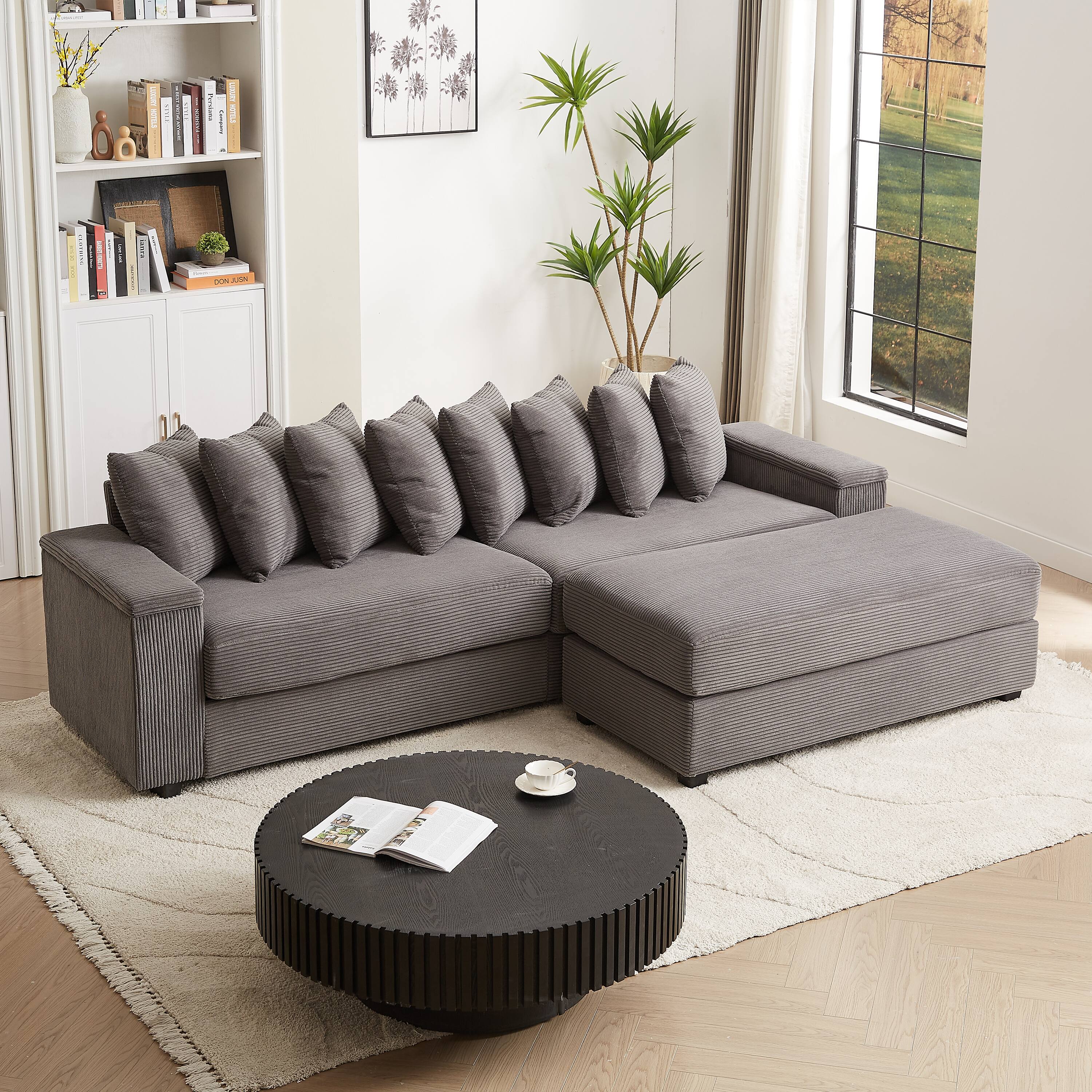 Alt View 7. Tiramisubest - Oversized Corduroy Sofa Bed with Chaise,Comfy L Shaped Sectional Couches with 8 Pillows and Two Armrest storage space - Grey.