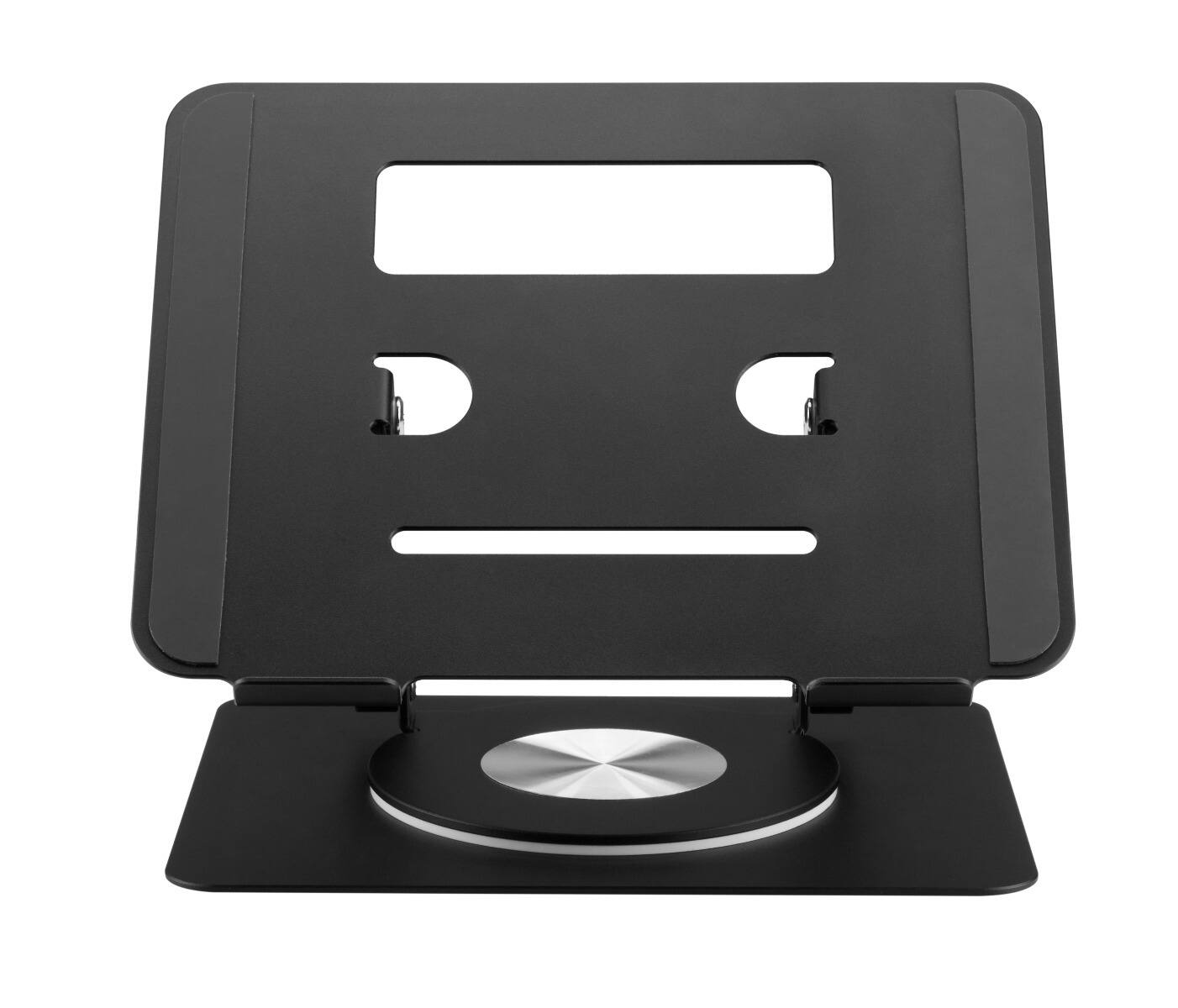 Left. RadioShack - RadioShack 360° Rotating Laptop Stand (2607180): Adjustable height & angle, fits 17.3", cooling, non-slip, foldable. - Black.