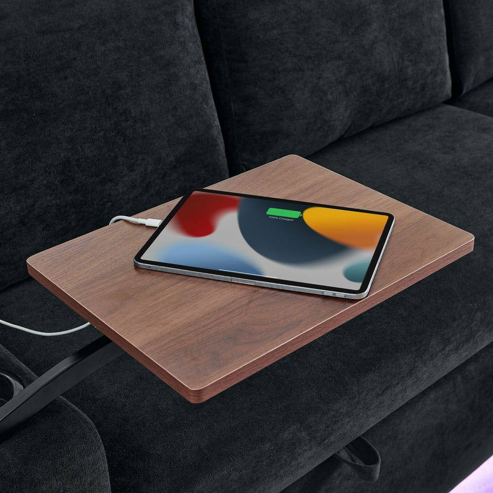 Left. Kadyn - Pull-Out Sleeper Sofa with Retractable Table, Features LED Lights, USB Ports, and Cup Holders, Black - Black.