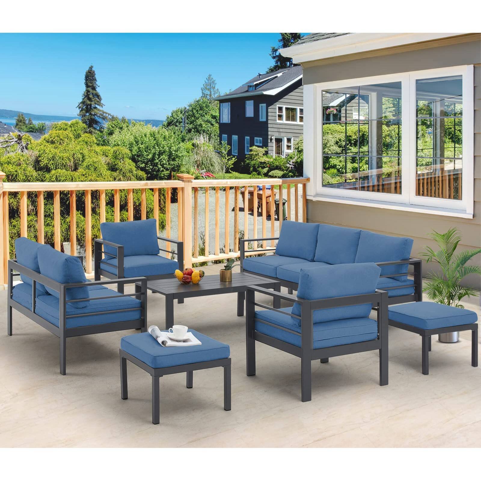 Left. Mondawe - 7-Piece Patio Seating Set with Black Frame and Removable Cushions - Blue+Black.