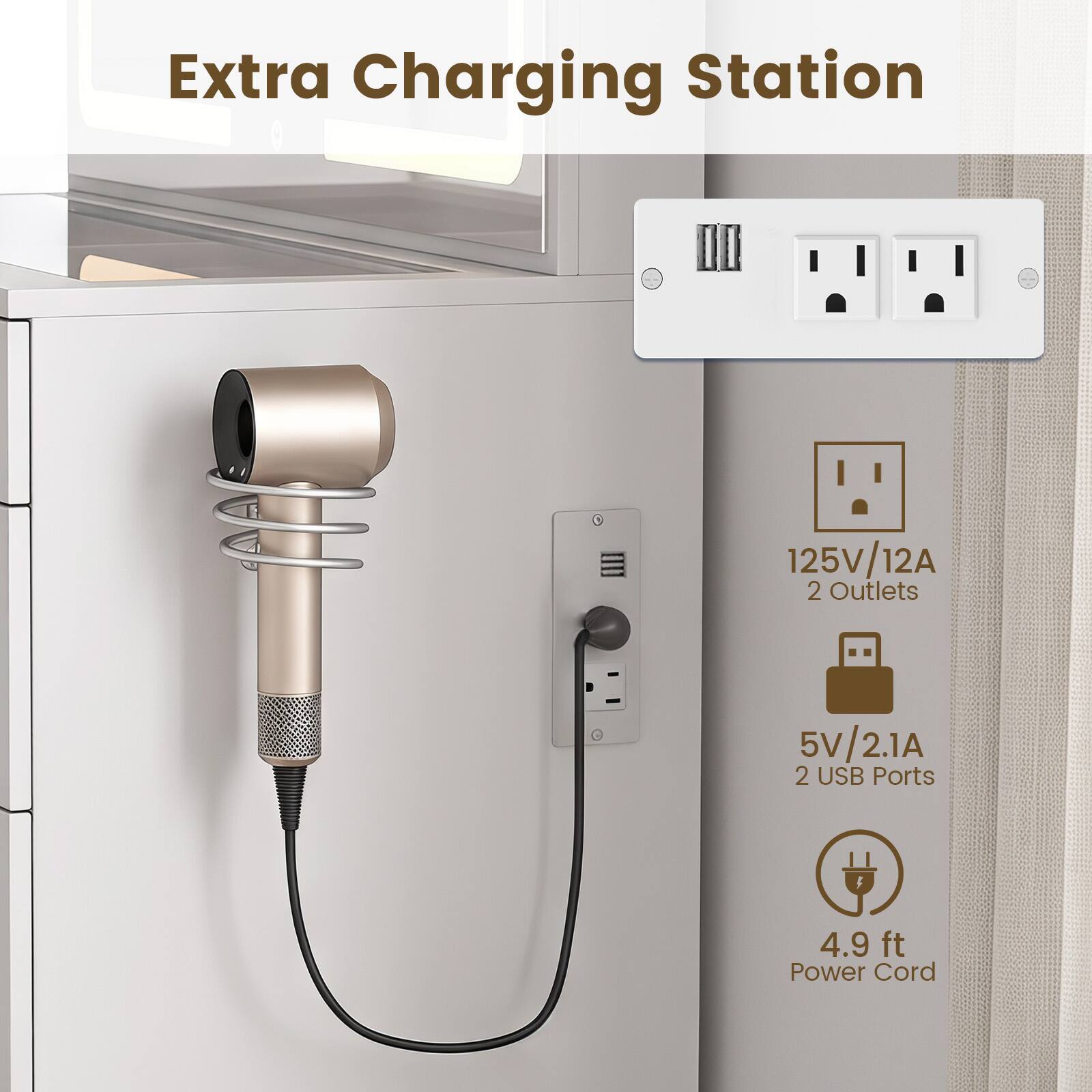 Extra Charging Station

125V/12A 2 Outlets

5V/2.1A 2 USB Ports

4.9 ft Power Cord