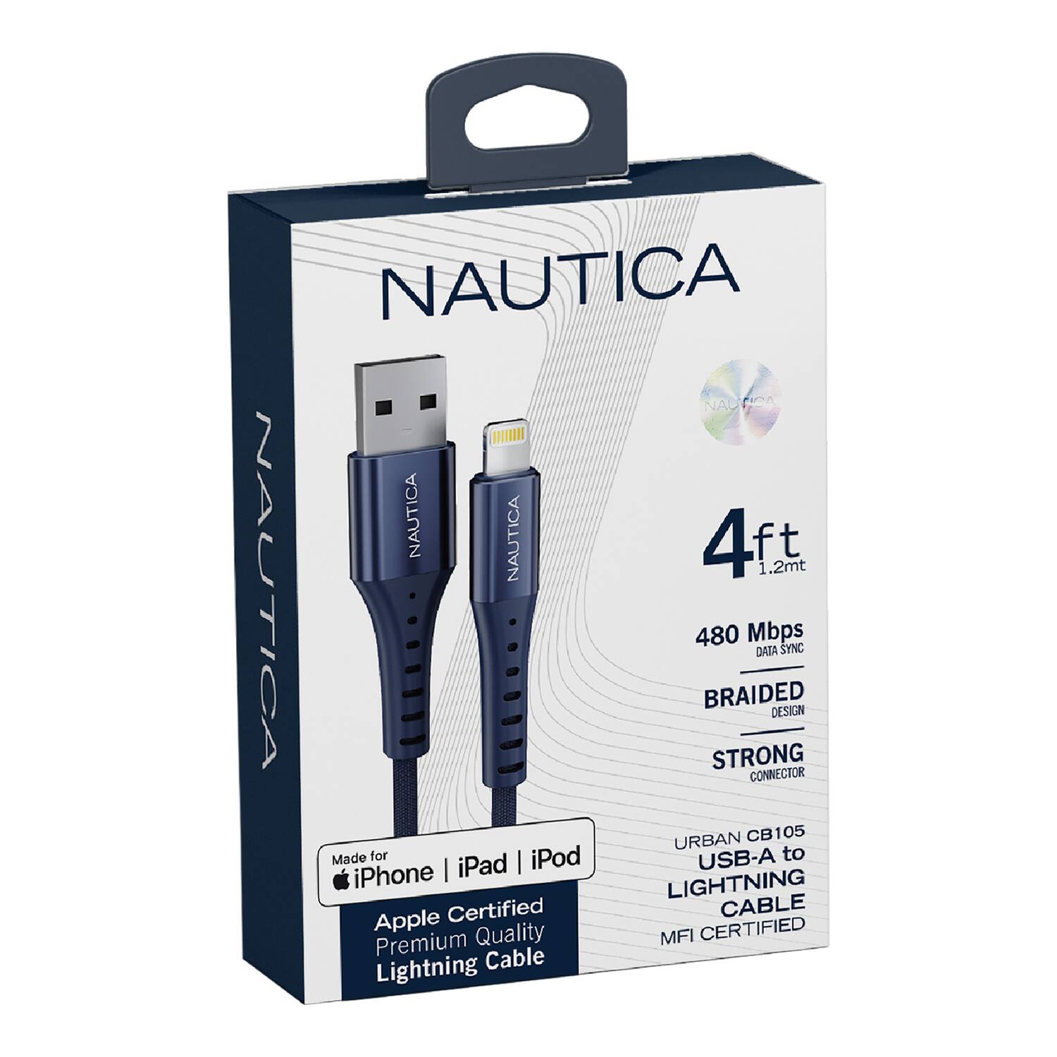 NAUTICA NAUTICA NAUTICA NAUTICA 4ft. 1.2mt NAUTICA 480 Mbps BRAIDED STRONG CONNECTOR URBAN CB105 Made for | iPod USB-A to iPhone | iPad LIGHTNING Certified CABLE Apple Quality CERTIFIED Premium MFI Lightning Cable