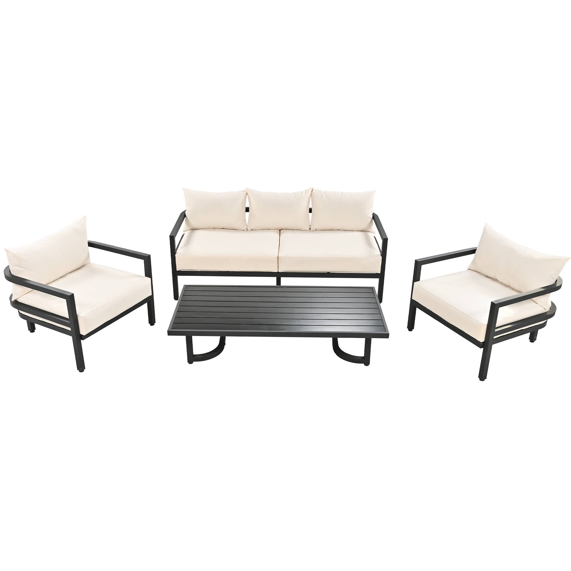 Back. Mondawe - Outdoor Steel Sofa Set with Coffee Table,UV-Resistant Cushions - Beige.