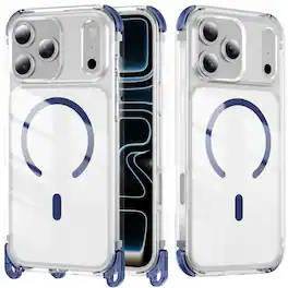 Dteck - Magnetic Case for Apple iPhone 17 Pro Max with Crossbody Strap, Clear Anti-Yellowing Shockproof Hybrid Protective Cover - Blue