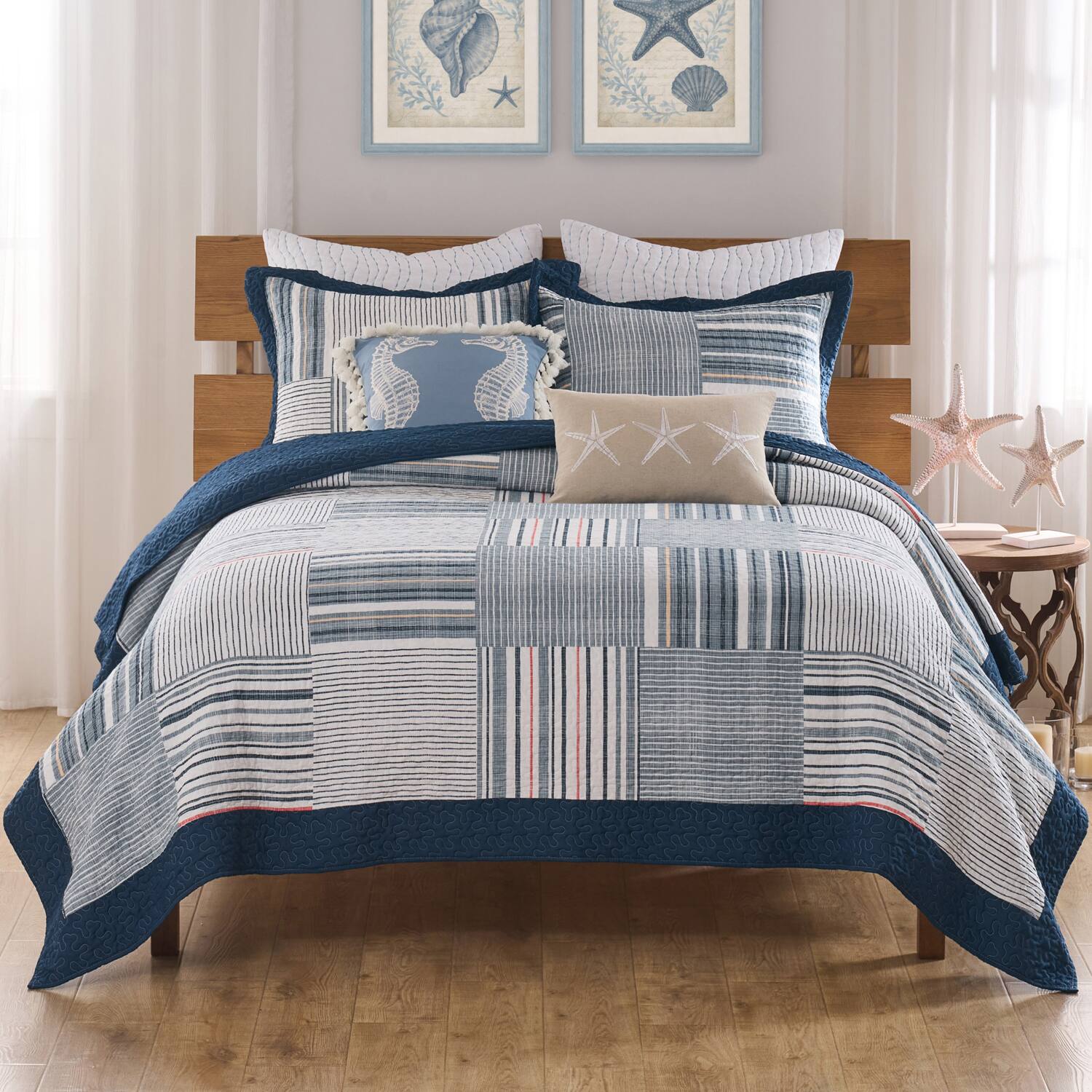 Angle. Greenland Home Fashions - Greenland Home Fashions Voyage Polyester Reversible Lightweight Quilt Set 3 PC Full/Queen Blue - Blue.