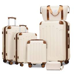 LOVMOR - 6-Piece Luggage Set TSA Spinner Expandable Duffel Bag Duffel Bags Cream - Cream+Brown
