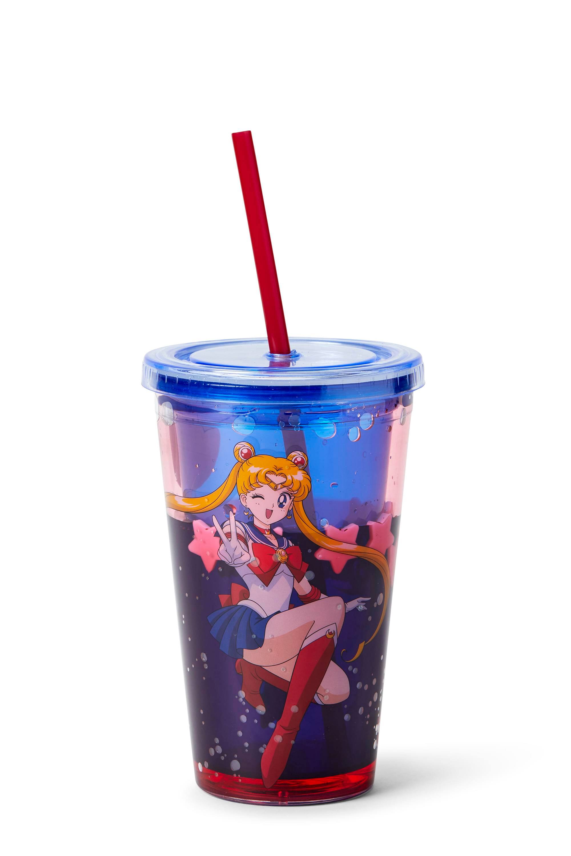 Front. Just Funky - Sailor Moon Confetti Plastic Tumbler Cup With Lid & Straw | Holds 16 Ounces - Blue.
