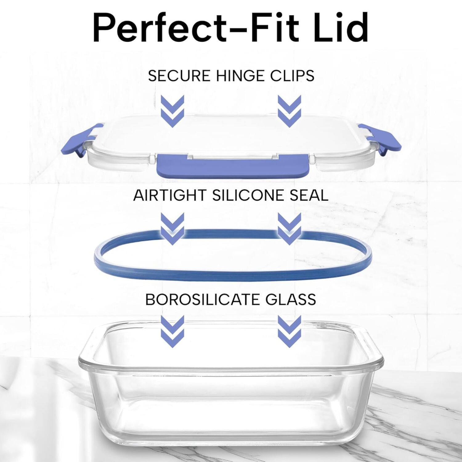 Perfect-Fit Lid
SECURE HINGE CLIPS
AIRTIGHT SILICONE SEAL
BOROSILICATE GLASS