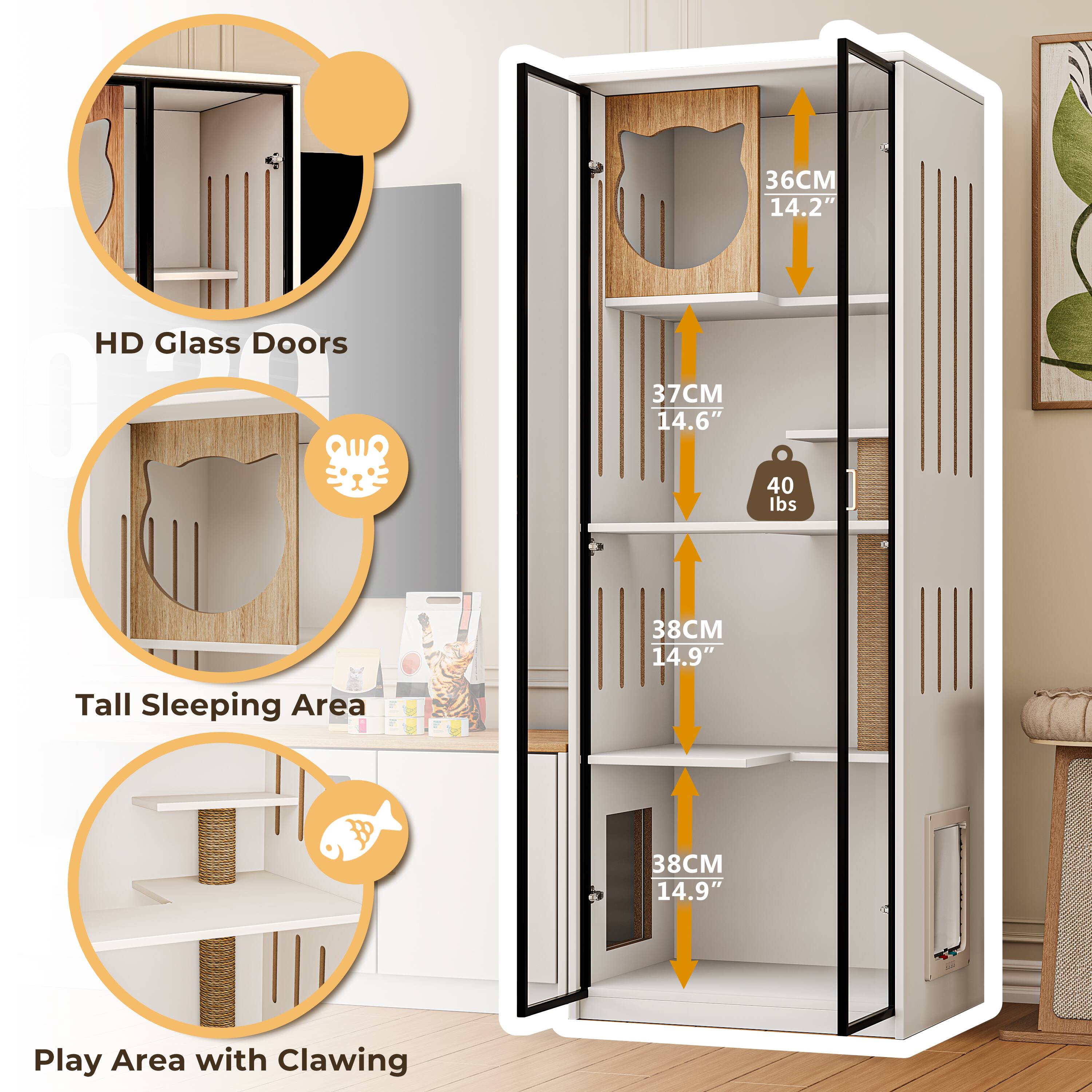 - HD Glass Doors
- Tall Sleeping Area
- Play Area with Clawing

Dimensions:
- 36CM 14.2"
- 37CM 14.6" 40 lbs
- 38CM 14.9"
- 38CM 14.9"