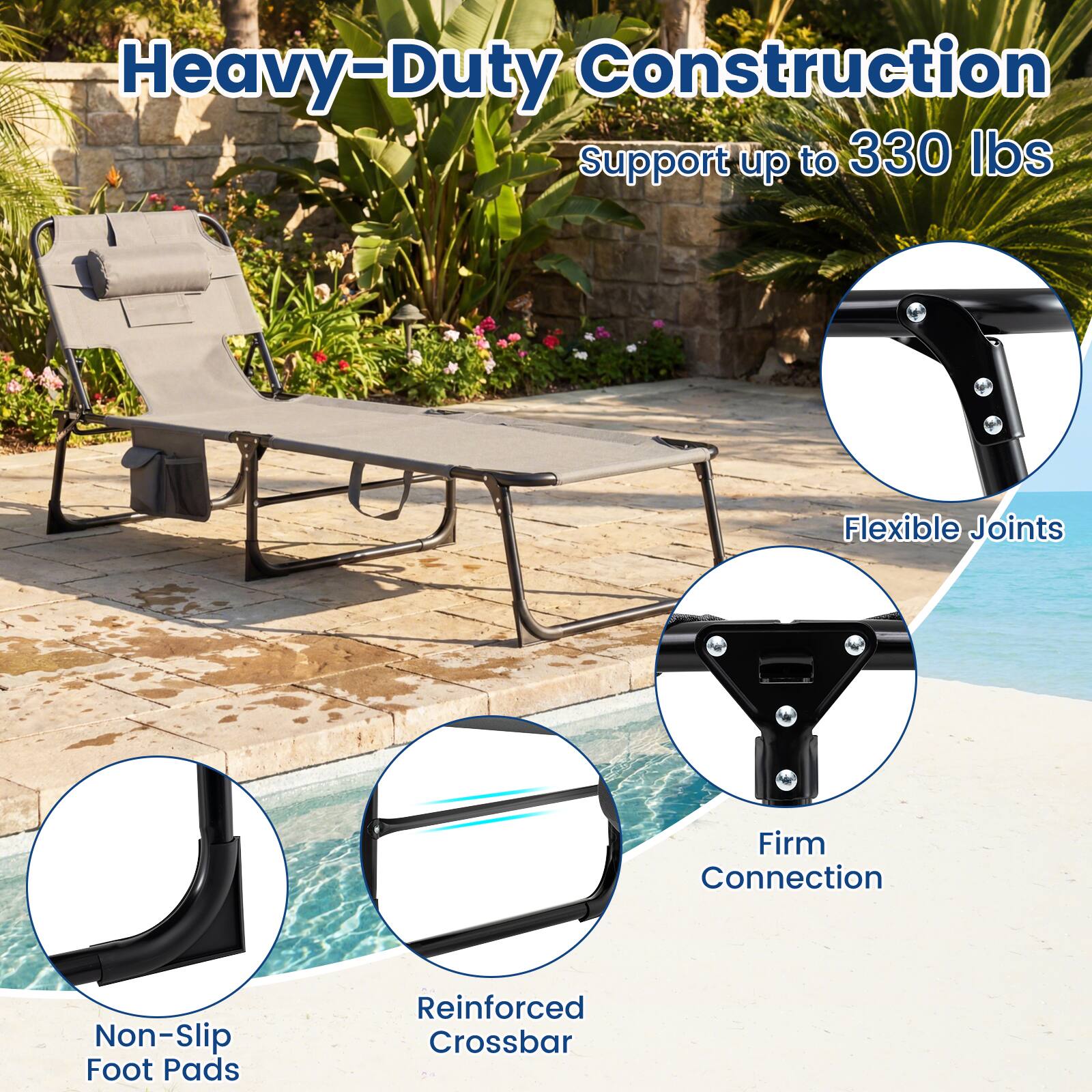 Heavy-Duty Construction  
Support up to 330 lbs  
Flexible Joints  
Firm Connection  
Non-Slip Foot Pads  
Reinforced Crossbar