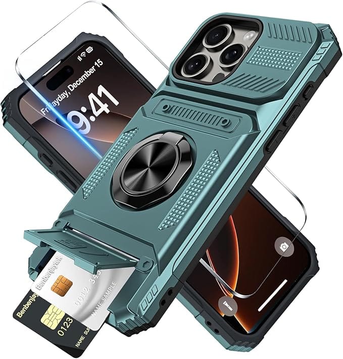 Gravity Ridge - for iPhone 12 Pro Max Wallet Case with Card Holder 360°Ring Kickstand Military Grade Drop Shockproof Rugged Case - Green
