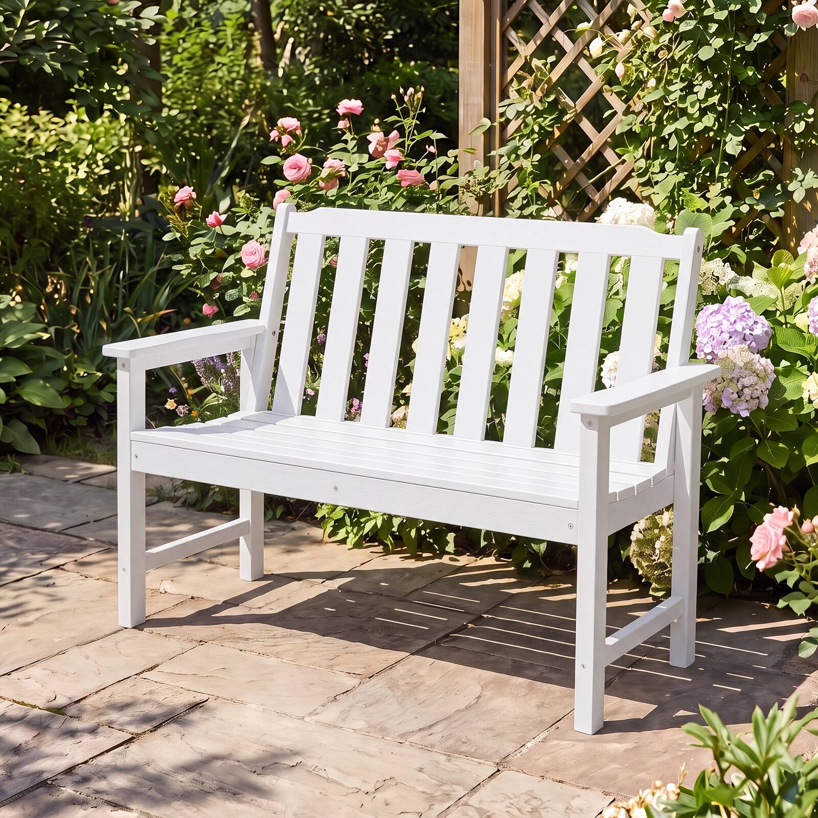 Alt View 1. Gymax - Gymax 2-Person All Weather HDPE Outdoor Garden Bench w/Backrest & Armrests for Lawn White - White.