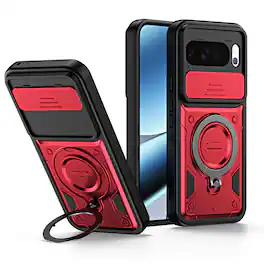 Dteck - For Google Pixel 11 Pro XL Shockproof Ring Kickstand Drop Protection Rugged Case Sliding Camera Lens Cover - Red