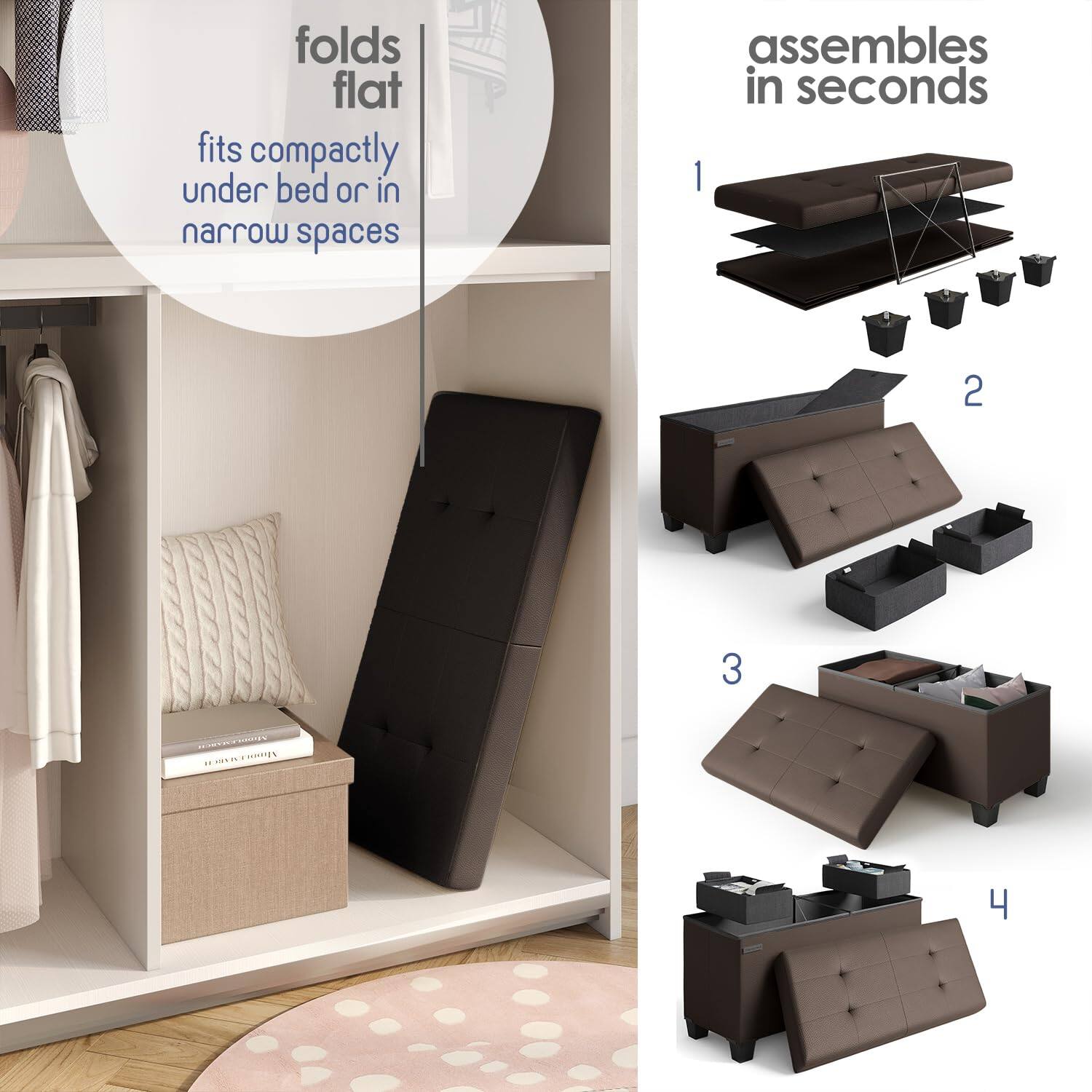 - folds flat
- fits compactly under bed or in narrow spaces
- assembles in seconds
- 1
- 2
- 3
- 4