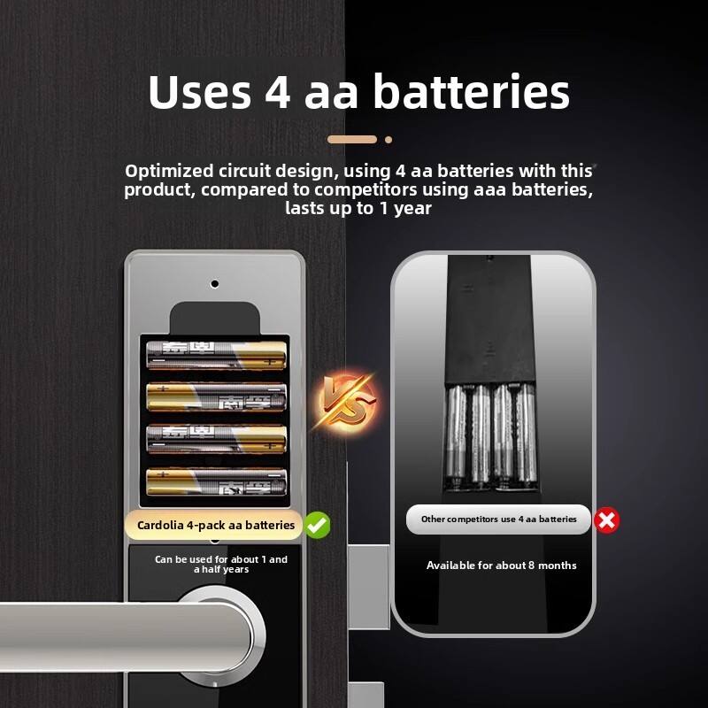 Uses 4 aa batteries

Optimized circuit design, using 4 aa batteries with this product, compared to competitors using aaa batteries, lasts up to 1 year

Cardolia 4-pack aa batteries
Can be used for about 1 and a half years

Other competitors use 4 aa batteries
Available for about 8 months