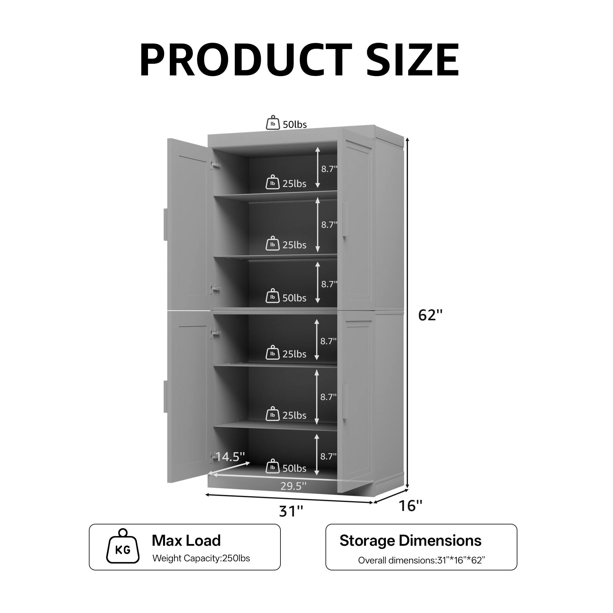 **PRODUCT SIZE**

- **Max Load**
  - Weight Capacity: 250lbs

- **Storage Dimensions**
  - Overall dimensions: 31" x 16" x 62"

- **Shelf Details**
  - 50lbs
  - 25lbs
  - 8.7"
  - 8.7"
  - 25lbs
  - 50lbs
  - 8.7"
  - 62"
  - 25lbs
  - 8.7"
  - 8.7"
  - 25lbs
  - 14.5"
  - 50lbs
  - 8.7"
  - 29.5"
  - 31"
  - 16"