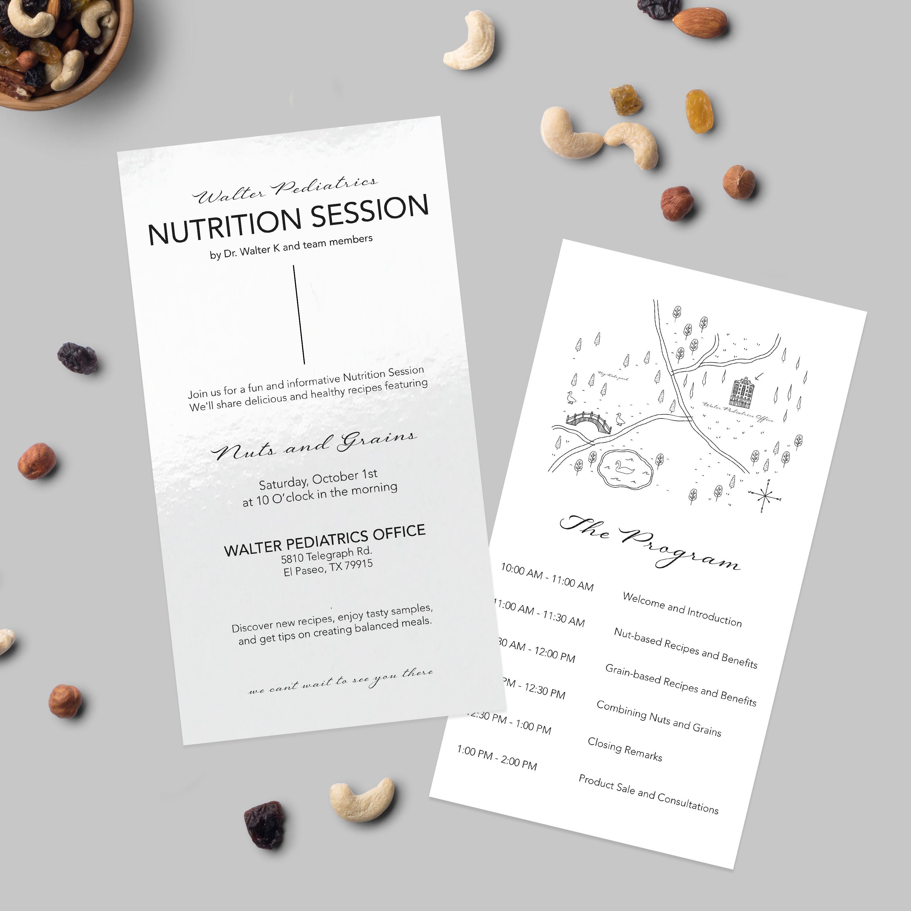 **Walter Pediatrics Nutrition Session**

by Dr. Walter K and team members

Join us for a fun and informative Nutrition Session featuring Nuts and Grains. We'll share delicious and healthy recipes. Saturday, October 1st at 10 O'clock in the morning

**WALTER PEDIATRICS OFFICE**
5810 Telegraph Rd.
El Paseo, TX 79915

Discover new recipes, enjoy tasty samples, and get tips on creating balanced meals. We can't wait to see you there!

---

**The Program**

10:00 AM - 11:00 AM  
Welcome and Introduction

11:00 AM - 11:30 AM  
Nut-based Recipes and Benefits

11:30 AM - 12:00 PM  
Grain-based Recipes and Benefits

12:00 PM - 12:30 PM  
Combining Nuts and Grains

12:30 PM - 1:00 PM  
Closing Remarks

1:00 PM - 2:00 PM  
Product Sale and Consultations
