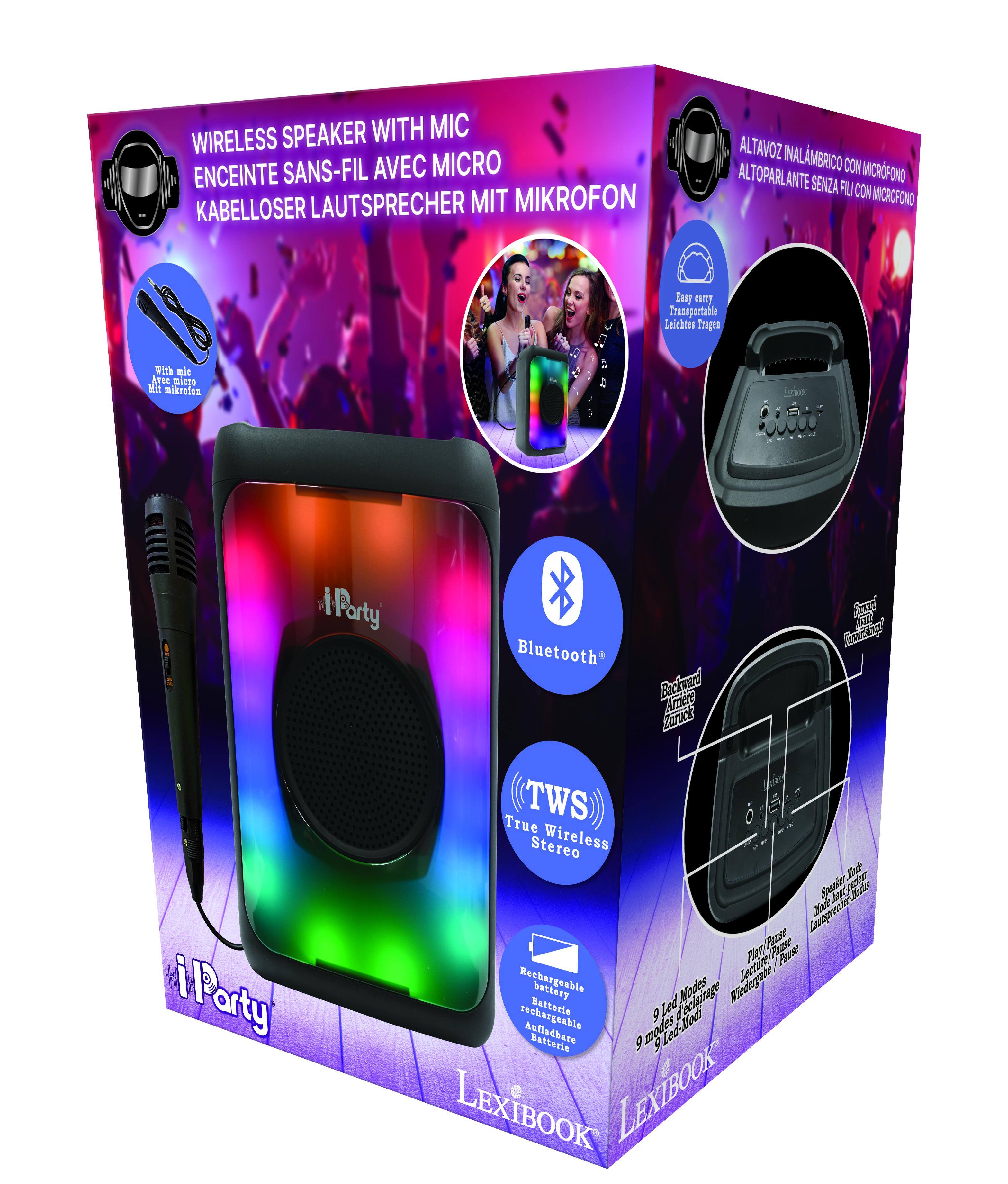 SPEAKER WITH MIC  
ENCEINTE SANS-FIL AVEC MICRO  
KABELLOSER LAUTSPRECHER MIT MIKROFON  
ALTAVOZ IN ALAMBRE CON MICRFONO  
ALTOPARLANTE SENZA FIL CON MICROFONO  

Transportable  
Leichtes ragen  
With i Aree  
Mit mikrofes  
Loinx Party  
Bluetooth  
TWS True Stereo Wireless  

Rechargeable  
Batterle 9 Led  
Modes rechargeable  
Batterle 9 Led-Nod  
Modes  

LEXIBOOK