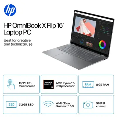 HP - OmniBook X Flip 2-in-1 16" 2K Touch-Screen Laptop - AMD Ryzen 5 - 8GB Memory - 512GB SSD - Meteor Silver