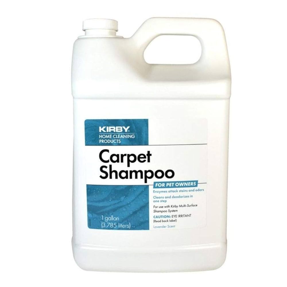 KIRBY HOME CLEANING PRODUCTS  
Carpet Shampoo  
FOR PET OWNERS  

Enzymes attack stains and odors  
Cleans and deodorizes in one step  
For use with Kirby Multi-Surface Shampoo System  

CAUTION: EYE IRRITANT  
(Read back label)  

1 gallon (3.785 liters)  
Lavender Scent