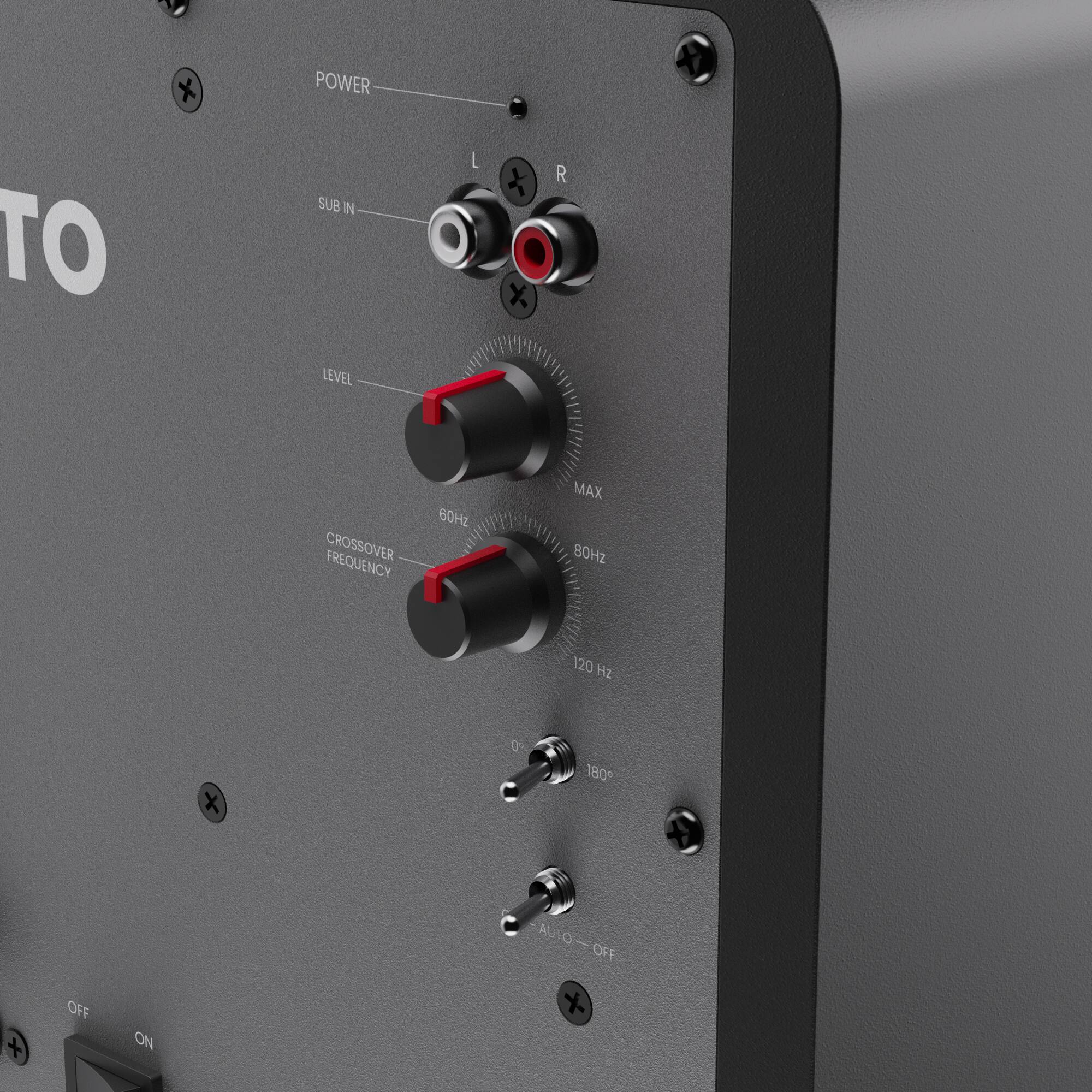 POWER, SUB IN, LEVEL, L x R, CROSSOVER FREQUENCY, 60Hz, MAX, 80Hz, 120Hz, OFF, ON, AUTO, OFF, AUTO, OFF