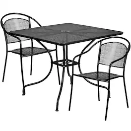 Emma + Oliver - Commercial 35.5" Square Metal Garden Patio Table Set w/ 2 Round Back Chairs - Black