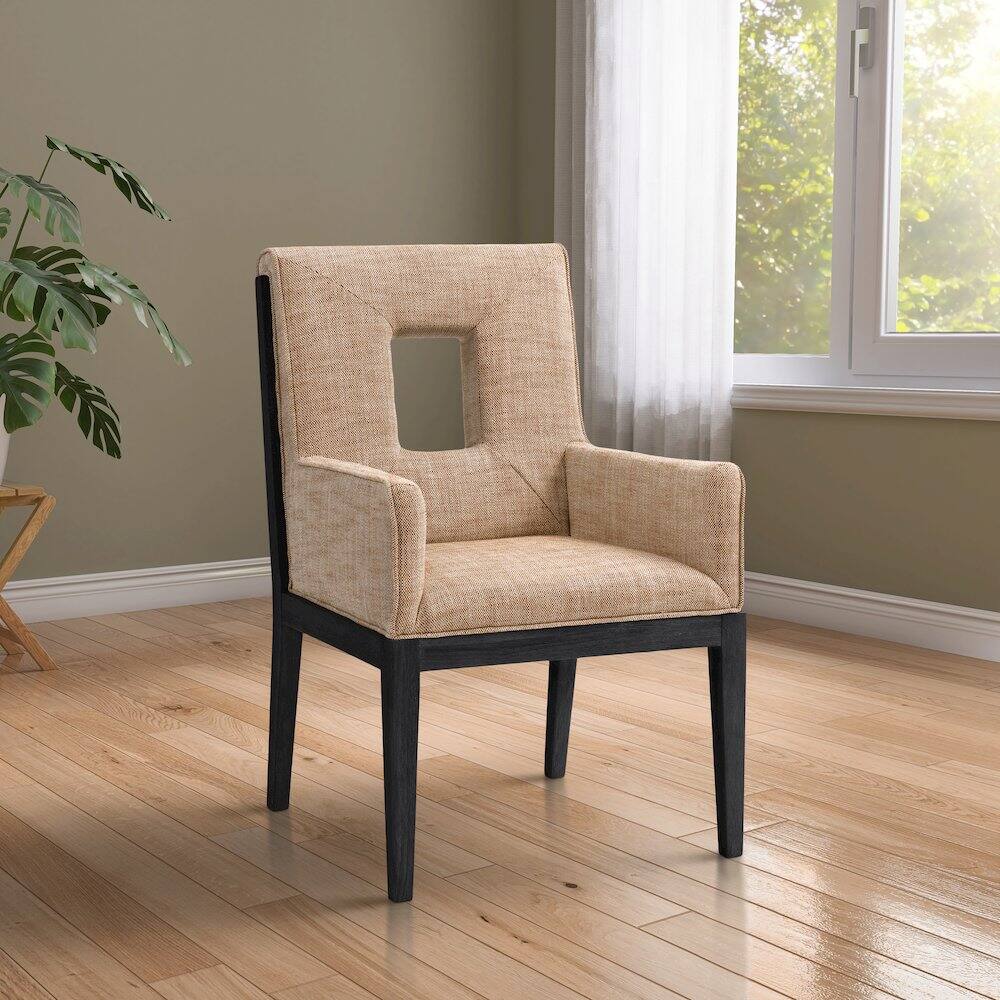 Alt View 1. Meridian Furniture - Gwendolyn Cognac Linen Textured Fabric Dining Arm Chair - Brown.