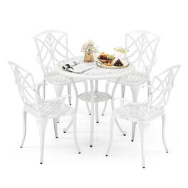 Costway - 5 PCS Patio Cast Aluminum Bistro Set Dining Table & Chair with Umbrella Hole - White