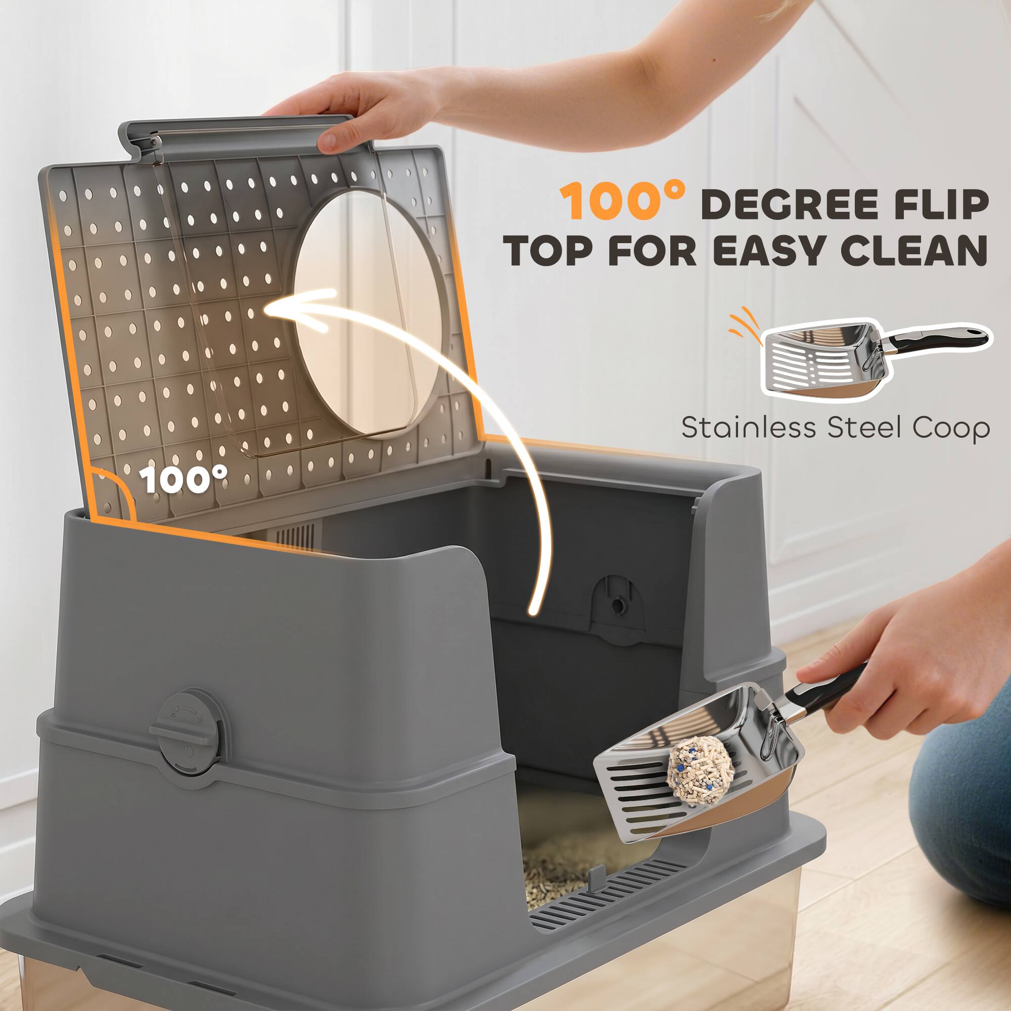 100° DEGREE FLIP TOP FOR EASY CLEAN  
Stainless Steel Coop